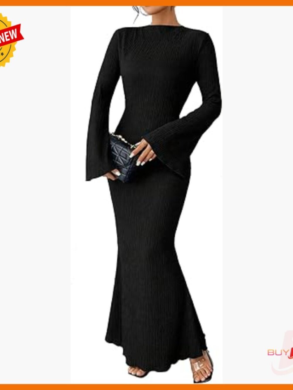 Maxi Dress with Flare Sleeves, Bodycon Fit, Soft Fabric for Casual Wear